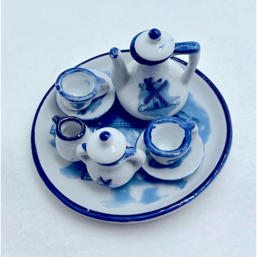 Vintage 90s Miniature Delft Style Tea set Tea for 2 Blue/white porcelain